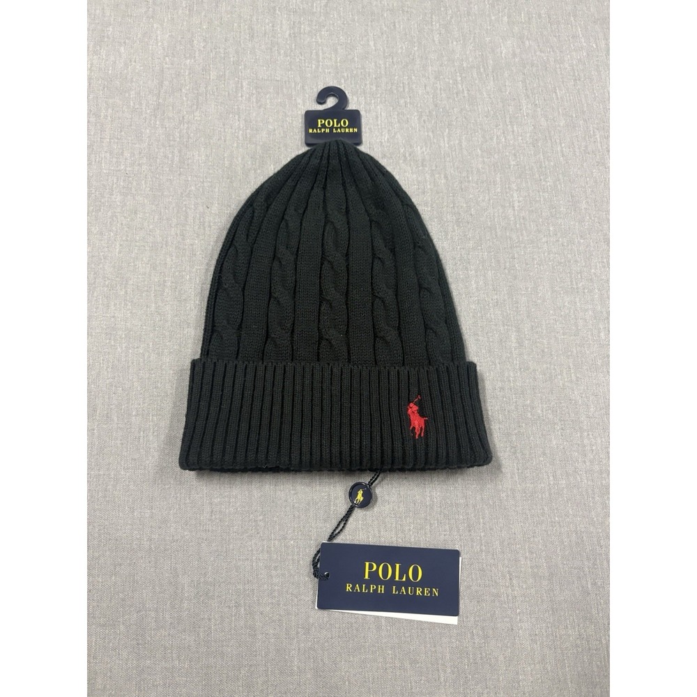 Polo Ralph Lauren Cuffed Cable Knit Cashmere Blend Beanie Black / Red O/S NWT